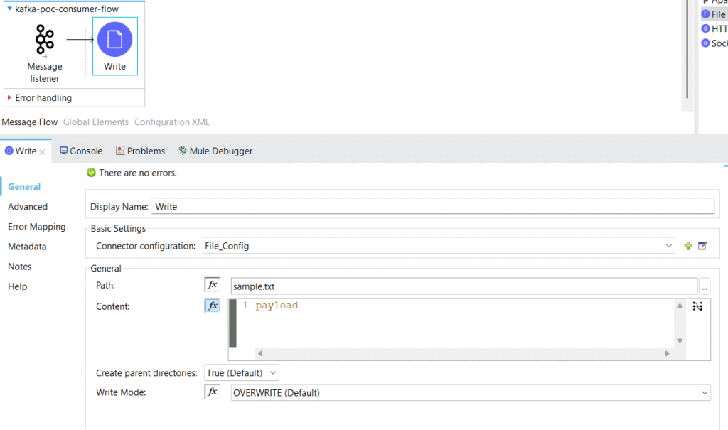 MuleSoft Anypoint Studio Kafka Message Listener with write file operation