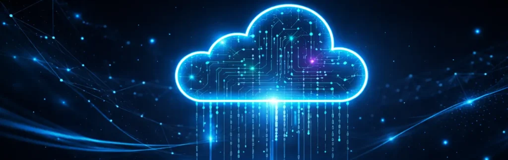 Dark themed technology banner representing MuleSoft Managed Services with cloud integration and data flow