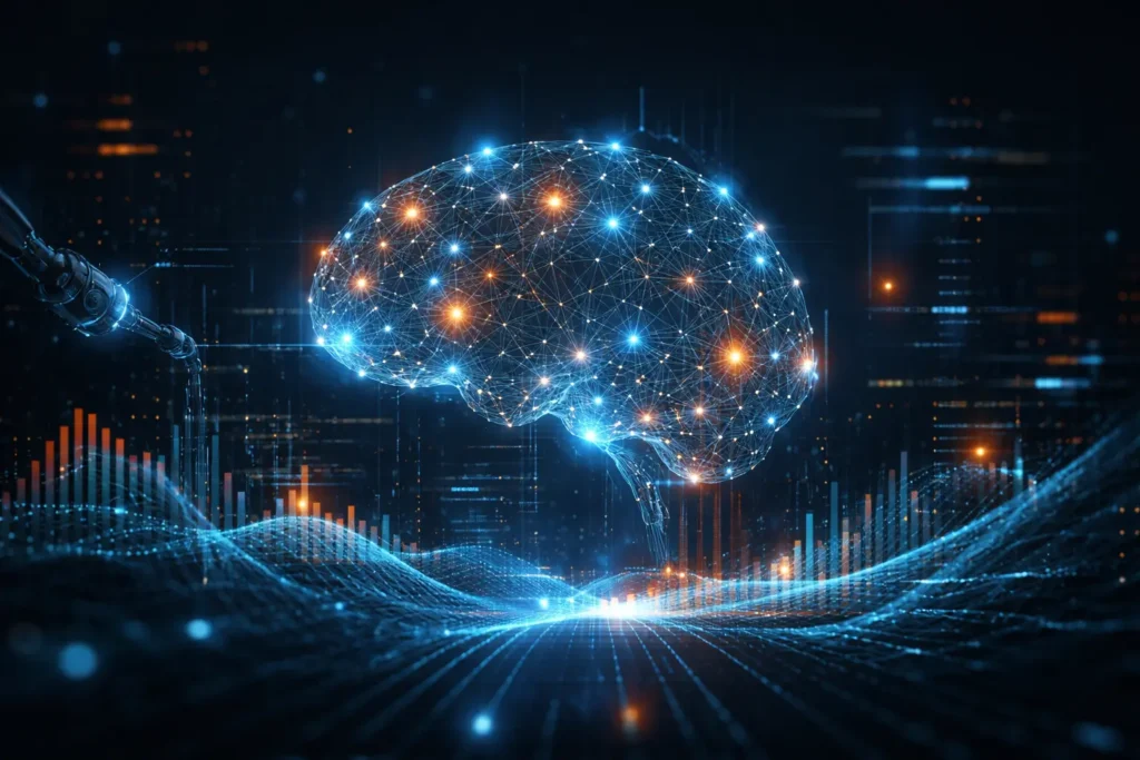 Dark futuristic visualization of a neural network with glowing data nodes, representing machine learning and advanced data intelligence