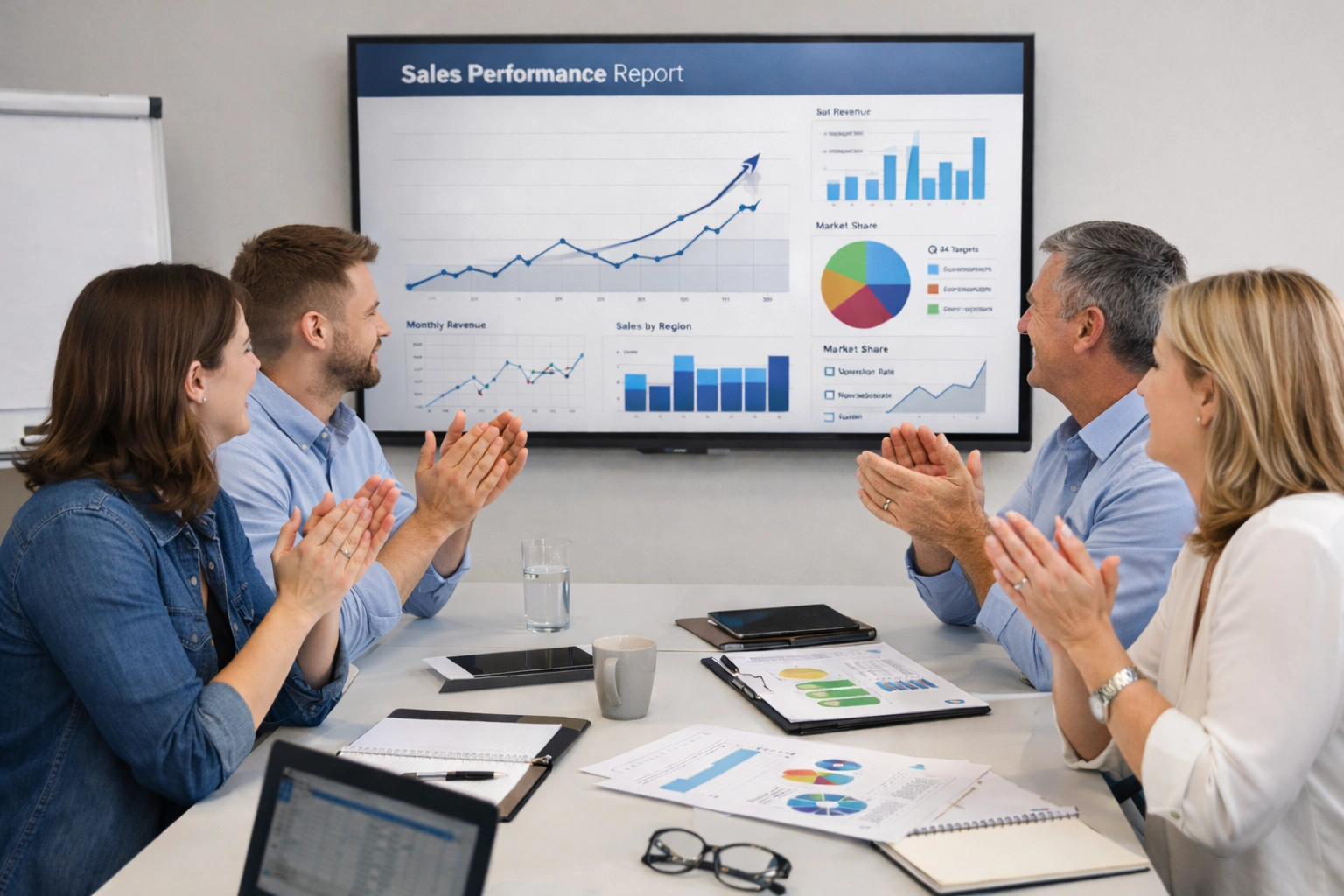 Business team reviewing real-time customer insights and performance metrics