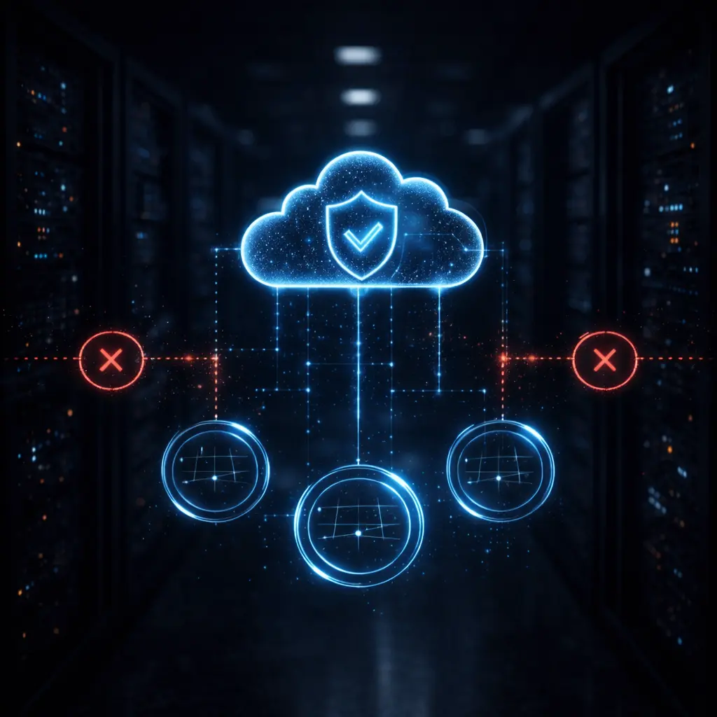 Dark cloud infrastructure illustration representing a Heroku to AWS transition, showing secure network routing during a migrate Heroku to AWS process and controlled access in an Amazon Web Services environment.